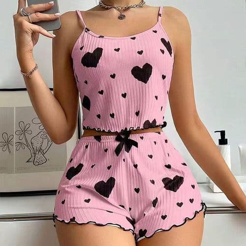 Pink & Black Heart Print Ribbed Cami Pajama Set 1